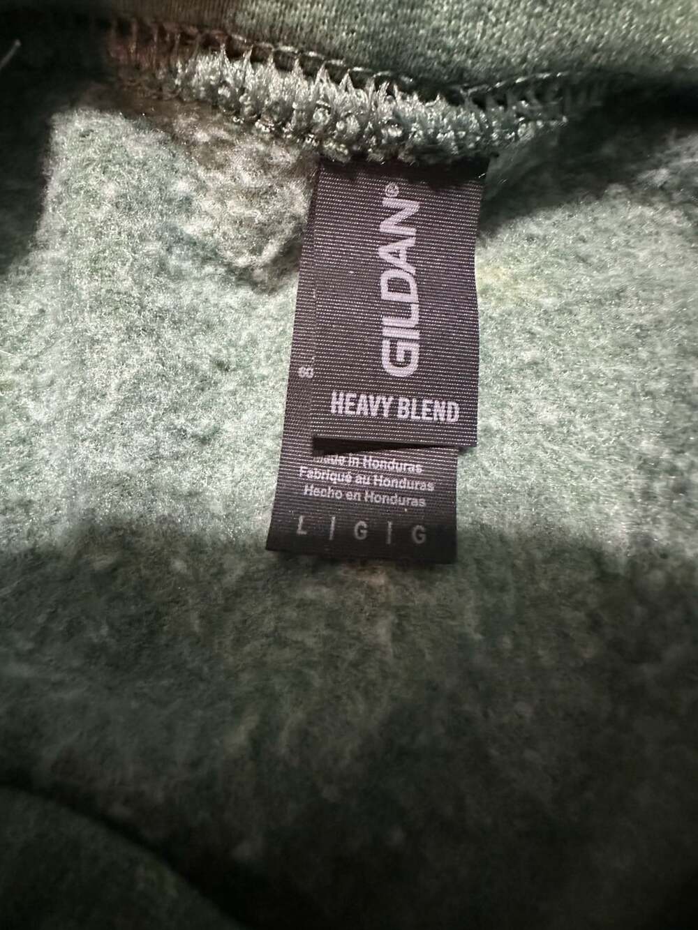 Gildan Heavy Blend Hoodie Size L Green Bleached No City Lights Campfire - Picture 5 of 5